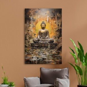 Buddha vászonkép álló formátumban. Nyugalmat árasztó vászonkép, mely a barna szín árnyalataiban készült.